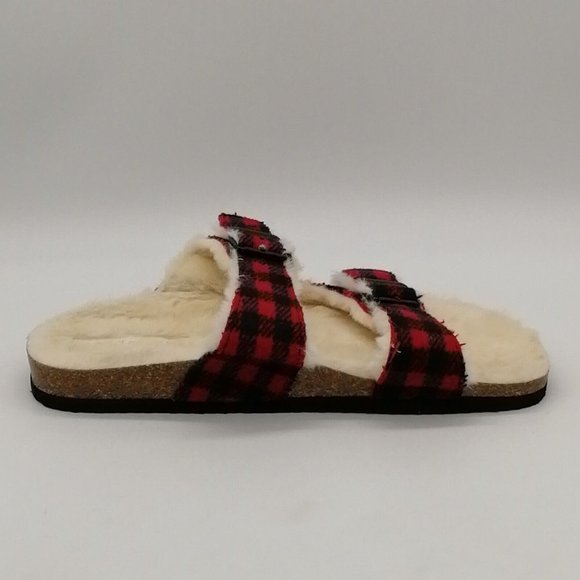 Madden Girl Womans Butterfly Slide Sandal‎ Red Buffalo Check Faux Fur 9.5M NEW - Picture 2 of 9